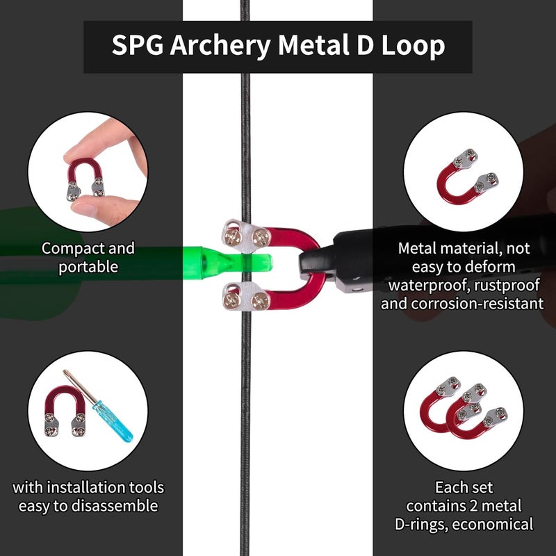 SP.G 2 Sets Archery D Loop, Archery Metal D Loop for Compound Bow Release Nocking Loop with Screwdrivers Mounted on Bowstring Screw Reinforcement Compound Bow Accessories Hunting - Image 5